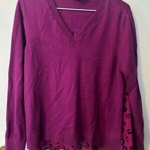 LOFT Rich Purple Knit Sweater Peekaboo Back Cheetah Print Business Casual